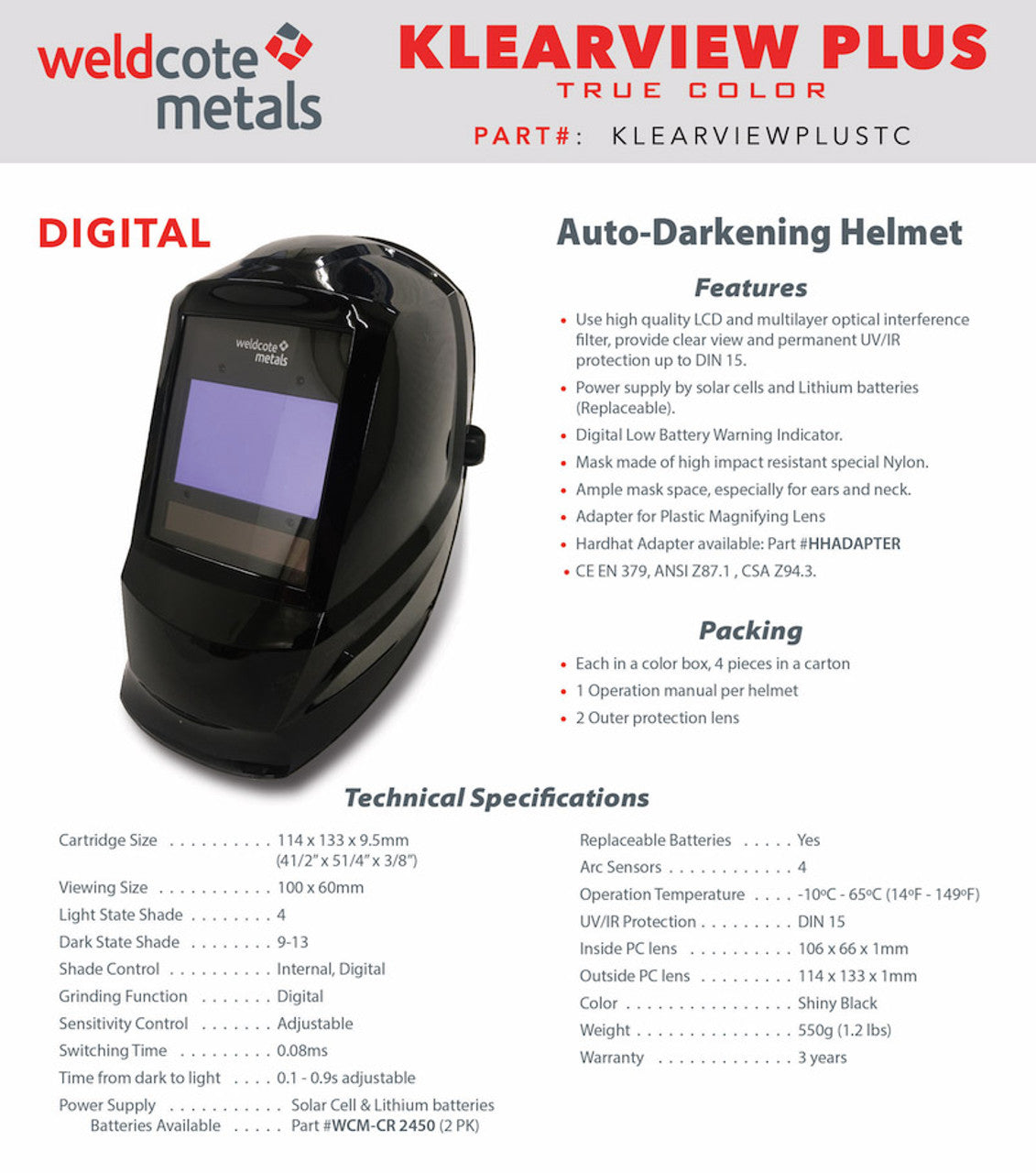 Weldcote KLEARVIEW PLUS Digital Auto-Darkening Helmet